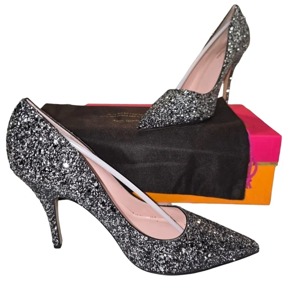 NIB Kate Spade Licorice Black/Silver Glitter Heels - Size 9.5 - Made in Italy