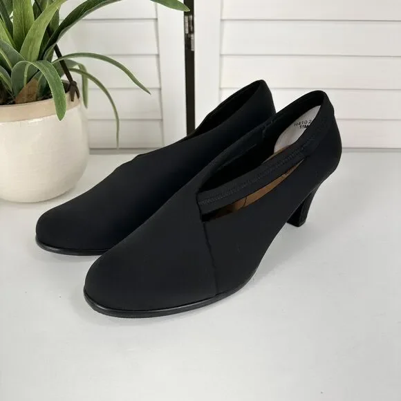 Ros Hommerson Black Satin Stretch Pumps Strap Cutout Comfort‎ Shoes Size 11 M