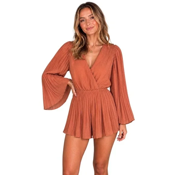 Entro Rust Pleated Sleeve Romper Boho Bell Sleeve Playsuit S Free People Vibes