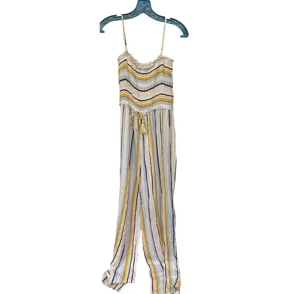Kiwi & punch Striped Smocked Jumpsuit Drawstring Waist Blue Yellow size Small‎