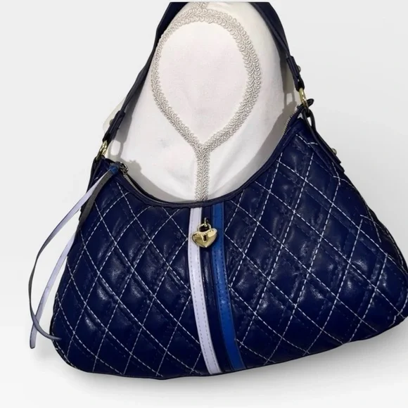 Victoria’s Secret Quilted Navy Blue Shoulder Bag w/ Heart Charm Y2K Vintage