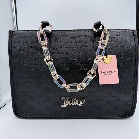 NWT Juicy Couture Black Monogram‎ Satchel Bag Chain Strap Rhinestone Logo