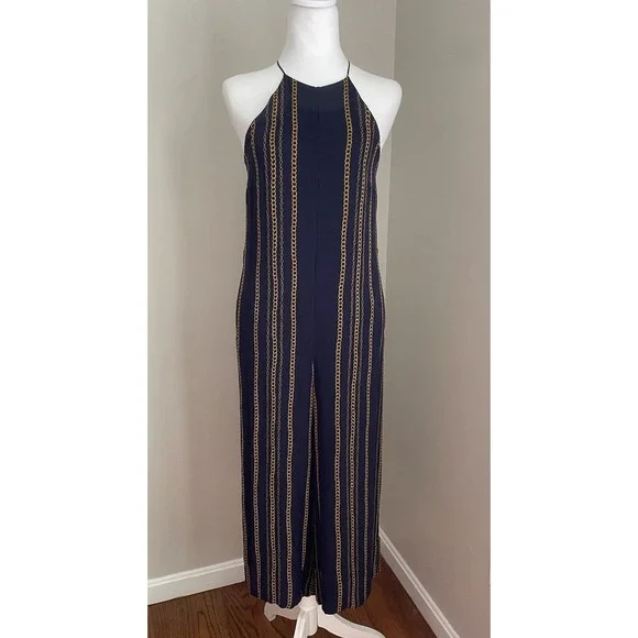 NICHOLAS US 2 Samira 100% Silk Wide Leg Jumpsuit Navy‎ Blue Gold Chain Old Money