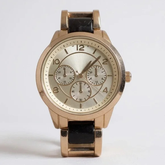 Gold Tone‎ and Black Bracelet Women's Fashion Watch Stainless Steel Back