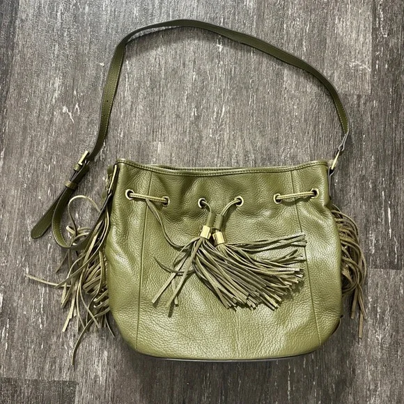 GILI Genuine Leather Olive Green Fringed Bucket Bag Crossbody Purse