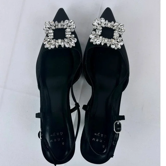 A New Day Black Satin Crystal Buckle Pointed Toe Slingback Kitten‎ Heels 8.5