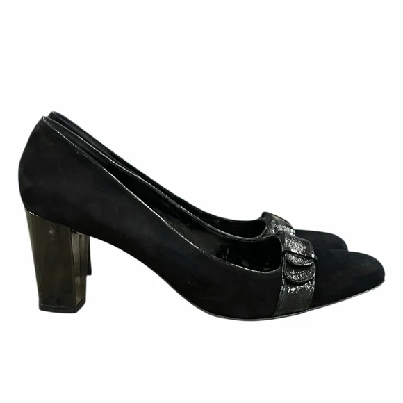 Enzo Angiolini Womens 9.5M Eatotiana Pumps Block Heel Suede Patent Accent Black
