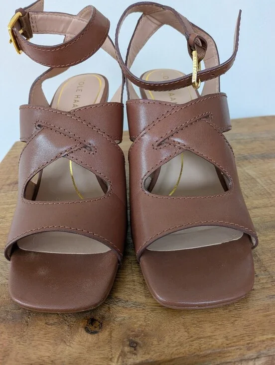 Cole Haan Brown Leather Block Heel Sandals Ankle Strap Size 8