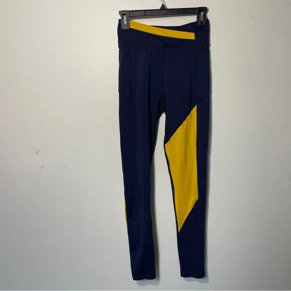 Gymshark Crossover‎ Waist Navy Yellow Asymmetrical Leggings Women’s Size Small