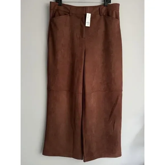 NY&C Faux Suede Wide Leg Pants Brown High Rise Palazzo Women Large NWT