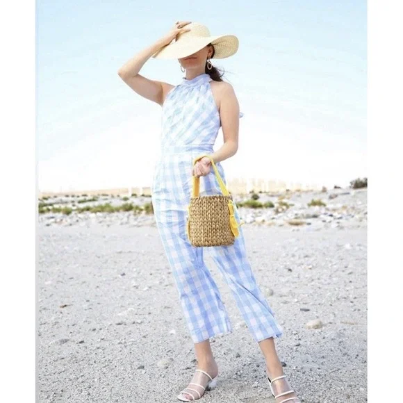 J Crew‎ Gingham Jumpsuit Sleeveless Sz 14 Pockets Cotton Lined Coastal Beach Bow