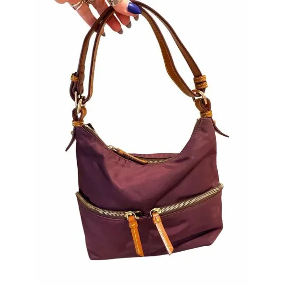 Dooney & Bourke Maroon Nylon Hobo Bag with Front Zip Pockets and Leather Trim
