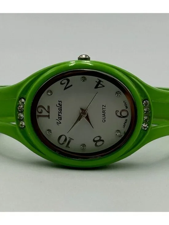 3/$30 Varsales Watch Women Green White Dial Rhinestone Accents Cuff Band