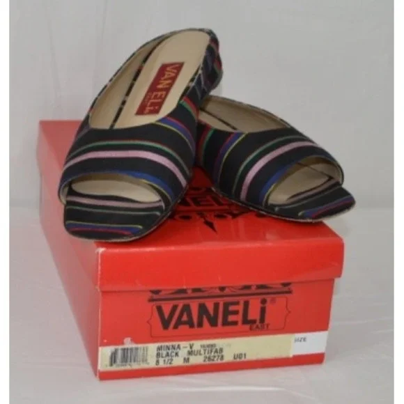 Vaneli Women's Slip-On‎ Open Toe Shoes 8.5 Black Multifab Striped
