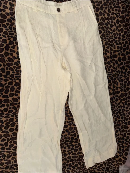 Light Cream Linen-Blend Trousers with Button Waist