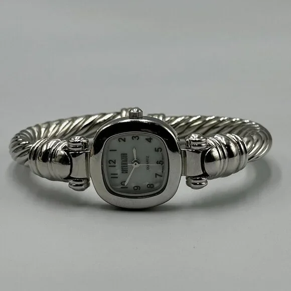 Cote D'Azur Watch Women Silver Tone Twisted Rope Hinged Cuff Band New Battery
