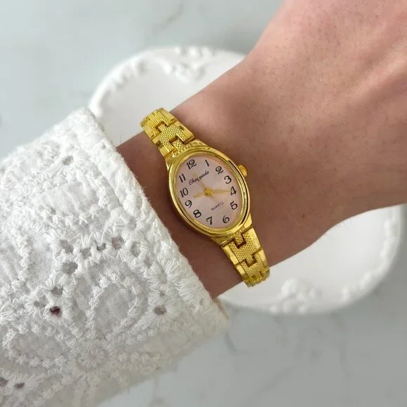 Sku0506 Retro Gold/Pink Women Casual Fashion Watch Stainless steel + gift bag‎