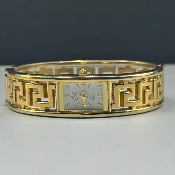 Cache Watch Women Gold Tone Greek Key Bangle Clamper Band New Battery 6.75