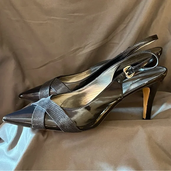 AK Anne Klein sling back pointy toe black patent heels. SALE!