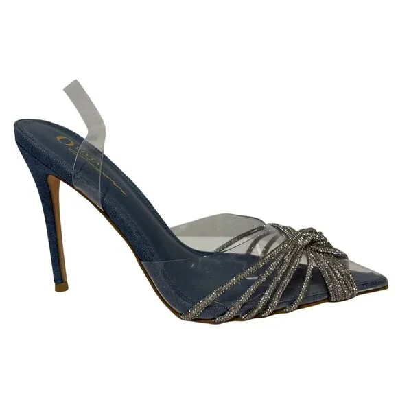 OLIVIA FERGUSON / Valentina / Blue / Open-Toe Heeled / Sandals With Rhinestone