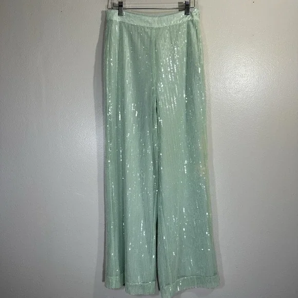 House of Harlow 1960 Womens Size 2 Side Zip Wide Leg Pants Sequin Green New
