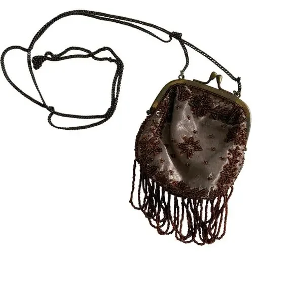 Vtg Brown Beaded Crossbody Mini Coin Purse Event Wedding Guest Silk Renaissance