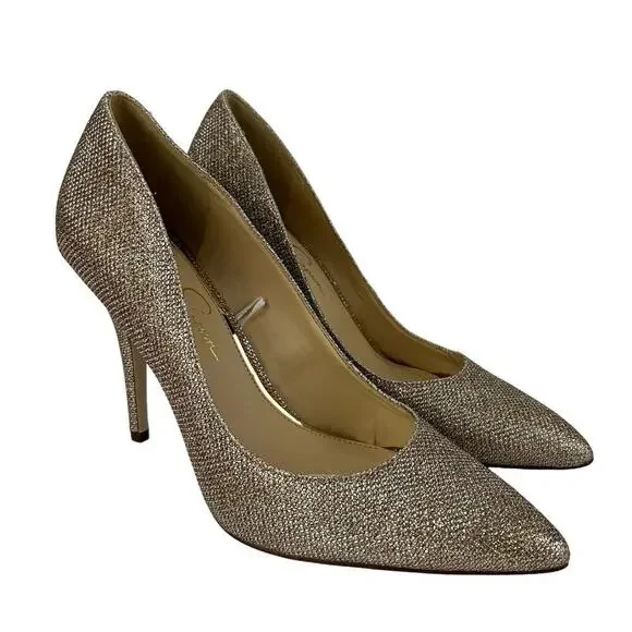 EUC Jessica Simpson Oravia 9 Shimmer Glitter Sparkle Gold Pump Heel Pointed Toe