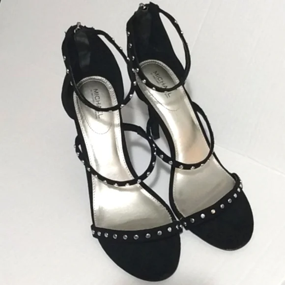 MICHAEL SHANNON BLACK SILVER STUDDED STRAPPY STILETTO SANDALS SIZE 9