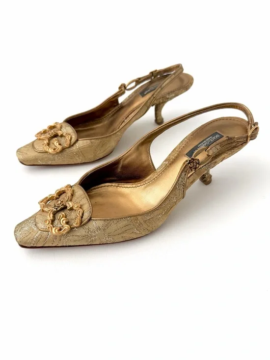 DOLCE & GABBANA | Vintage Gold Brocade Slingback Kitten Heel Pumps EU 37.5
