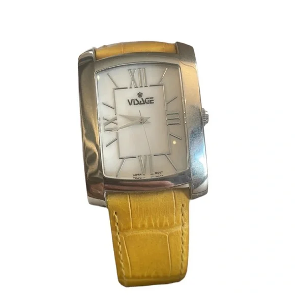 Visage Steel Tank Watch with yellow leather band. New in box.