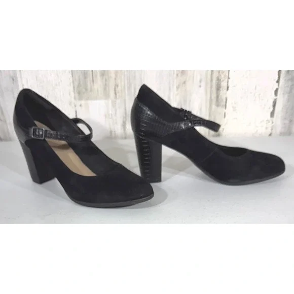 Clarks Mary Jane Pumps 8.5 Black Suede Croc Embossed Block Heel Dark Academia