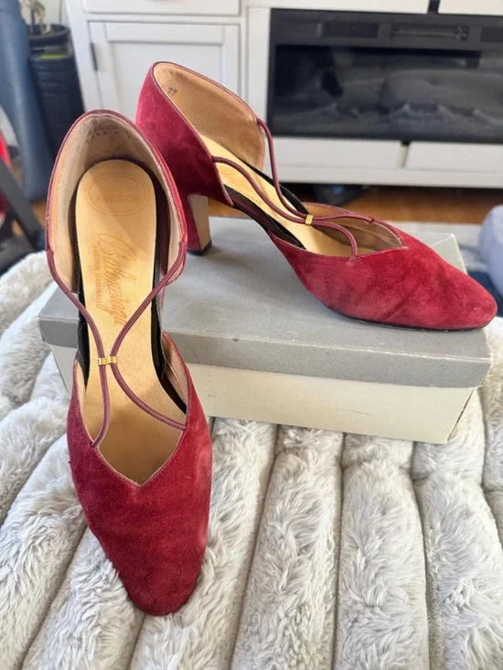 Vintage Balenciaga Burgundy Suede Strappy Mid-Heels