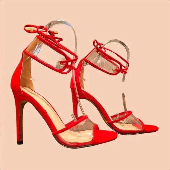 Red Strappy High Heel Sandals With Clear PVC & Ankle Tie Detail Elegant Evening