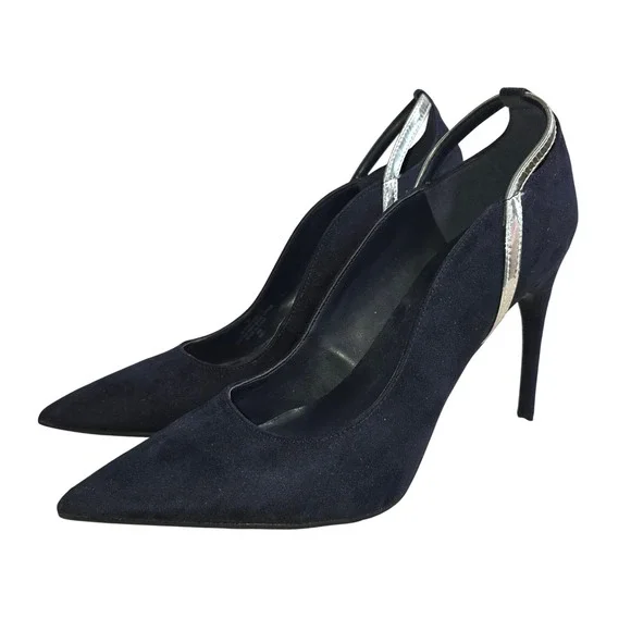 Marc Fisher Pumps Navy Suede Silver Metallic Heel Wrap Stilettos Women 7 NEW