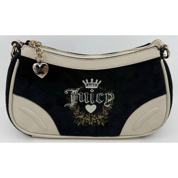 Juicy Couture Black Velour Purse Leather Trim Heart Charm Angel Heritage Bag