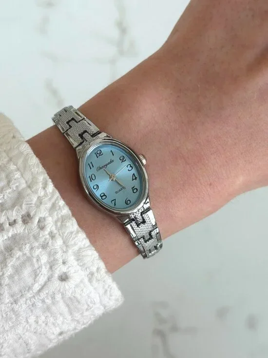 Sku0511 Retro Silver Blue dial Women Casual Oval Watch Bracelet + gift box
