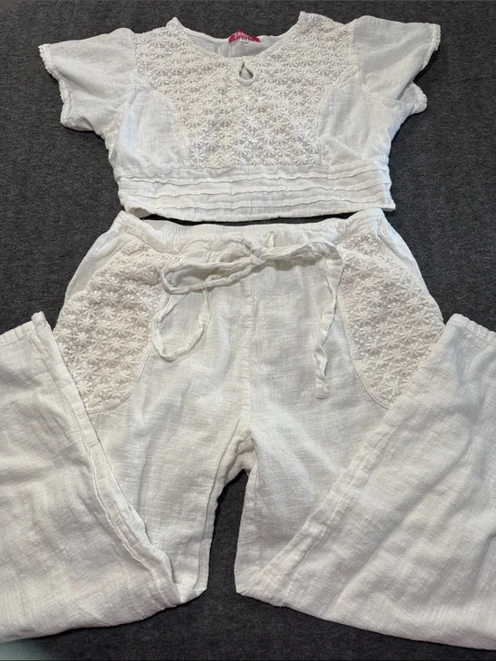 White Embroidered Wide-Leg Pants by