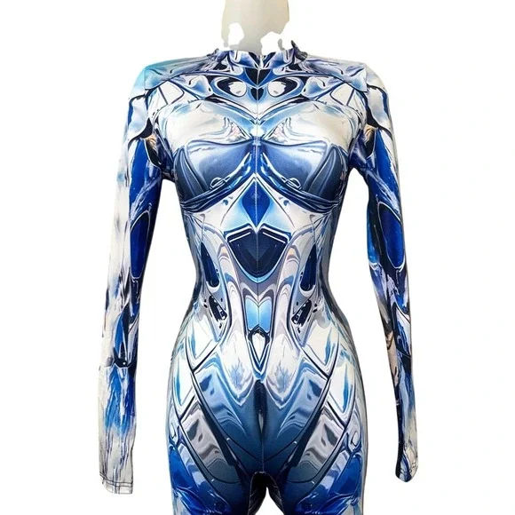 New Small Mirror Spandex Jumpsuit Catsuit Rave Illusion Blue Metallic Futuristic