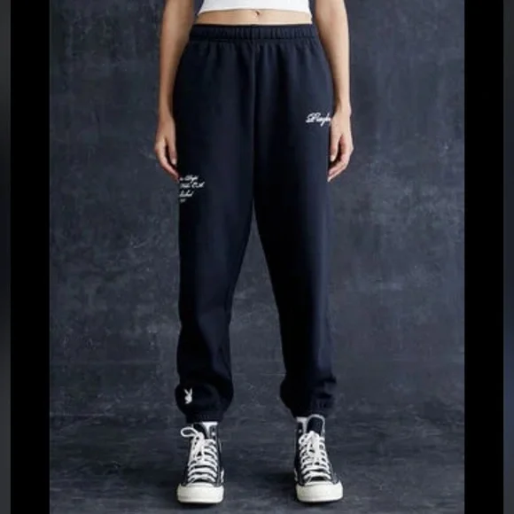 Playboy By PacSun Script Sweatpants Womens SZ XS Black W/White Embroidery