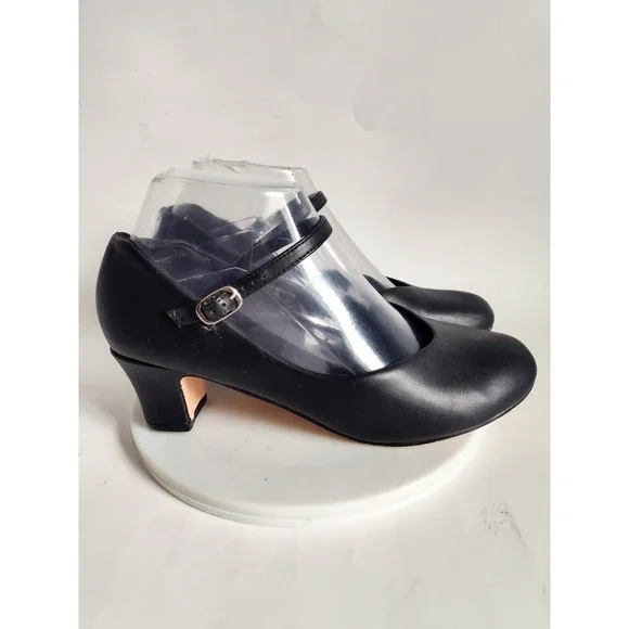 Mary Jane Dance Shoes 7.5 Leather Black Low Block Heel Salsa Theater Vintage