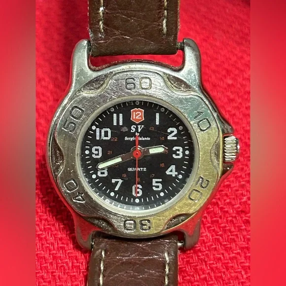 SV by‎ SERGIO VALENTE Quartz Watch Black Dial Brown Leather Band NEW BATTERY