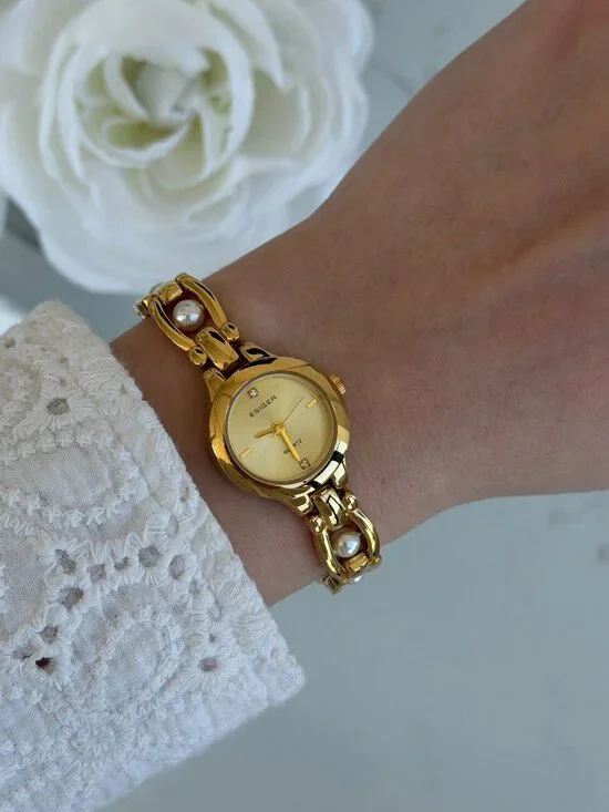 SKU0580 Retro Gold White Pearl Gemstones Women Watch Bracelet Stainless steel