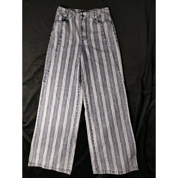 VICI Women's Blue Striped 100% Cotton Wide-Leg Pants, Relaxed Fit- Small