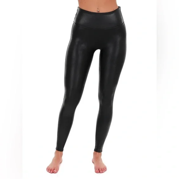 Spanx Ready To Wow Faux Leather Leggings Women XS Petite Black High Rise Support