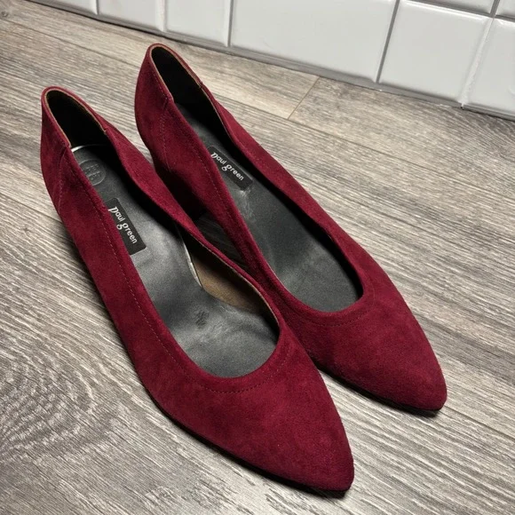 Paul Green‎ Burgundy Suede Tammy Pointed Toe Block Heel Pumps Dress Size 7.5