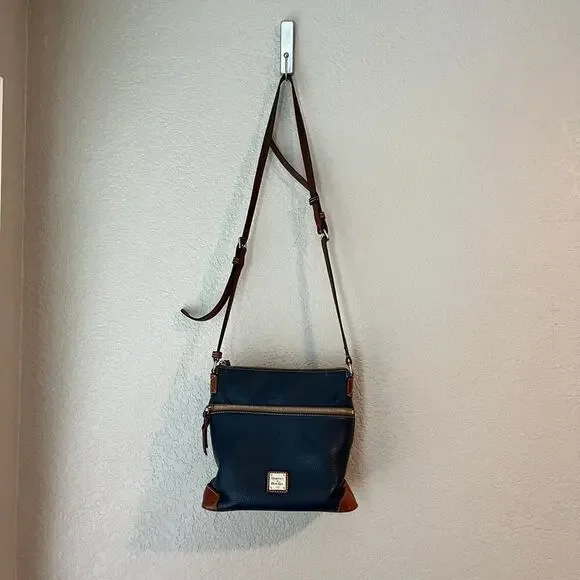 Dooney & Bourke Navy Brown Leather Crossbody Purse Bag Compartments Brass