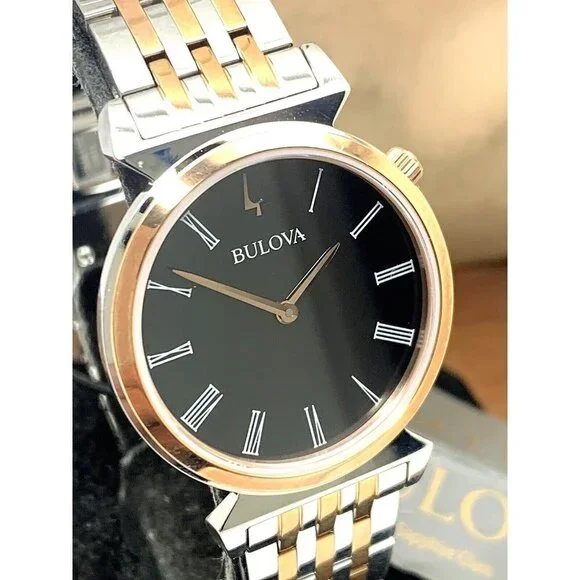 Bulova Women's Watch 98L265 Quartz Black Dial Rose Gold Silver Stainless Steel