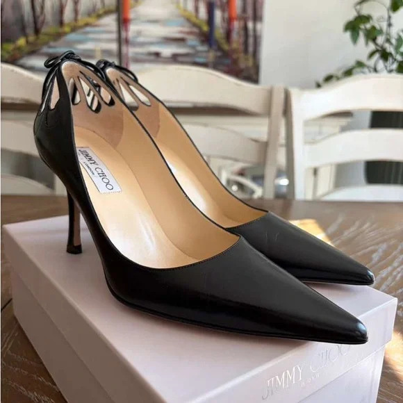 Jimmy Choo Pump Heels Black Leather Pointed Toe Cut Out Bow US 8.5