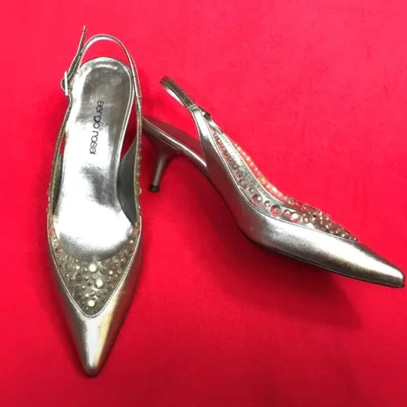 Auc Auc Sergio Rossi Crystal silver kitten heel slingback IT 36 US 6