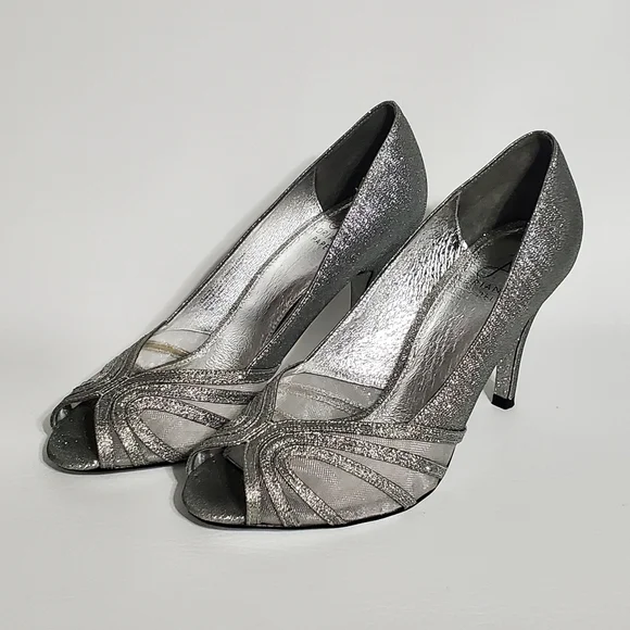 Adrianna Papell Silver Glitter Heel Pumps Sheer Peek A Boo Toe Shoes